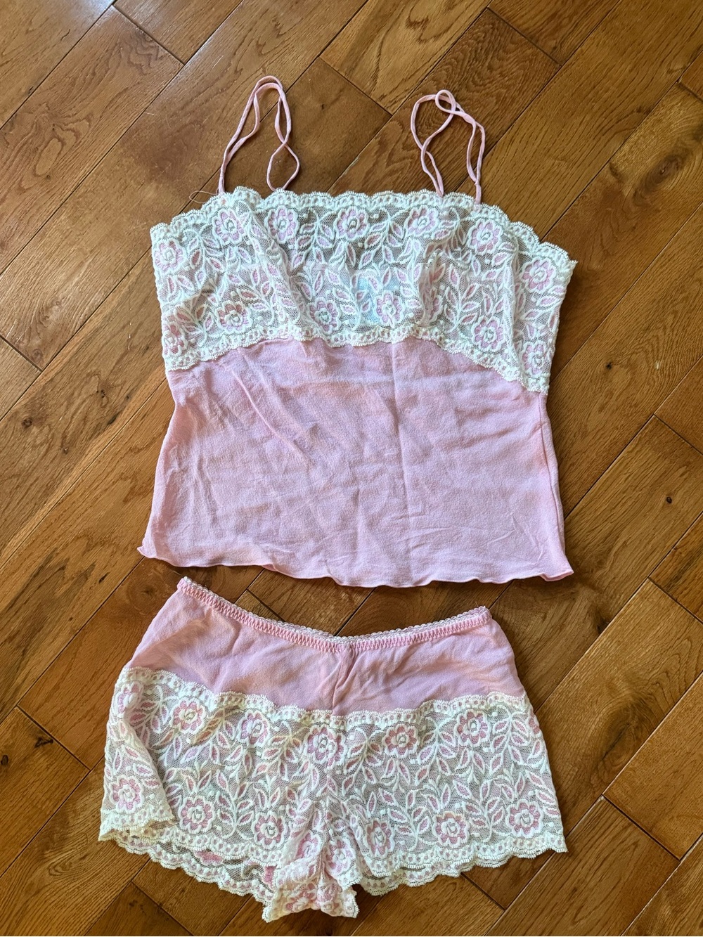 NWOT Sheer Floral Lace Cami Pajama Lingerie Set Pink and Ivory - Size M
